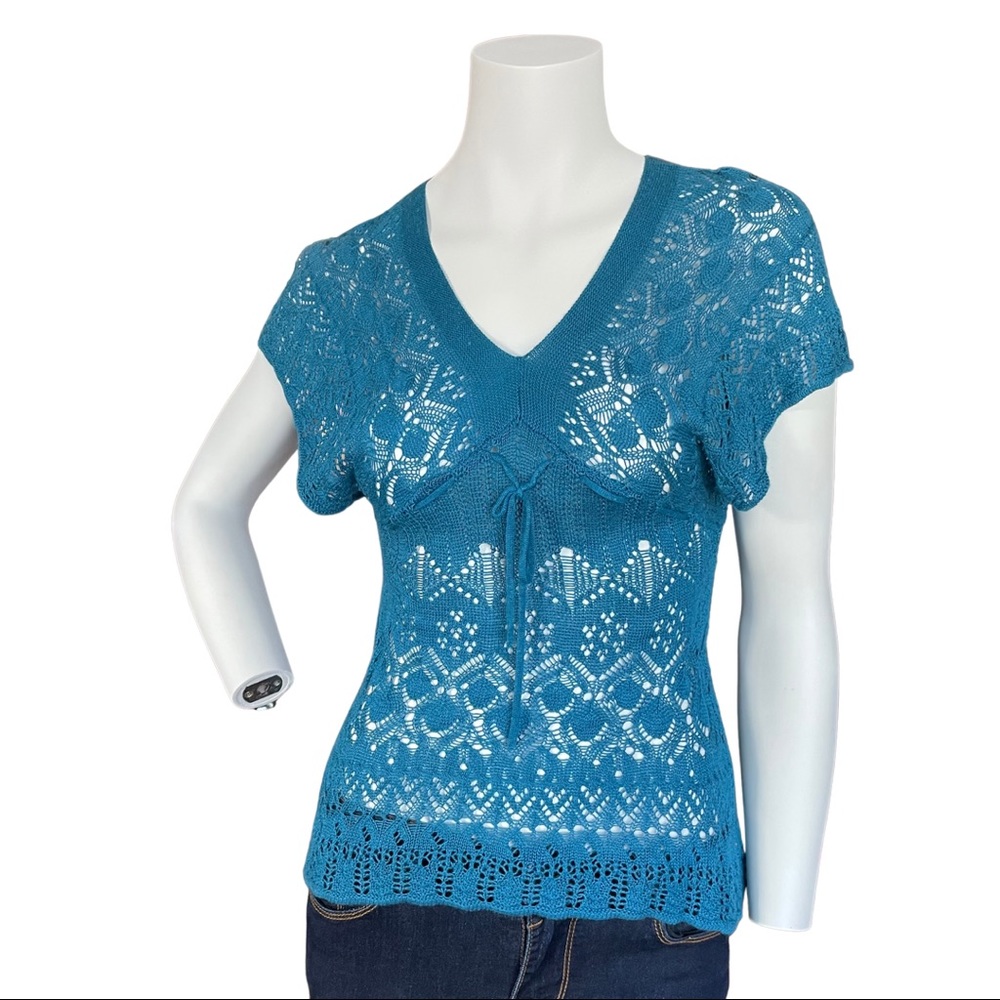 Teal Crochet Bat Wing Top - Small